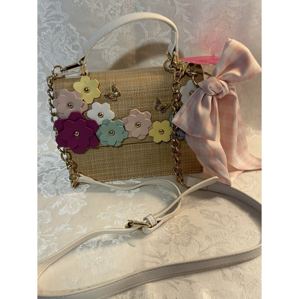 NEW! NWT BETSEY JOHNSON XOMYLO2 Wicker Floral Butterfly Satchel Bag Beige